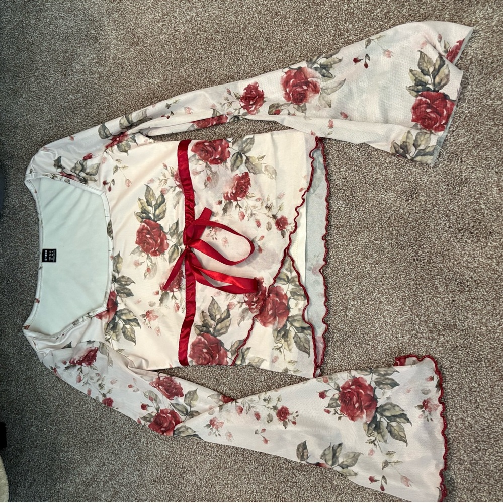 SHEIN Red and Cream Floral Pajama Set